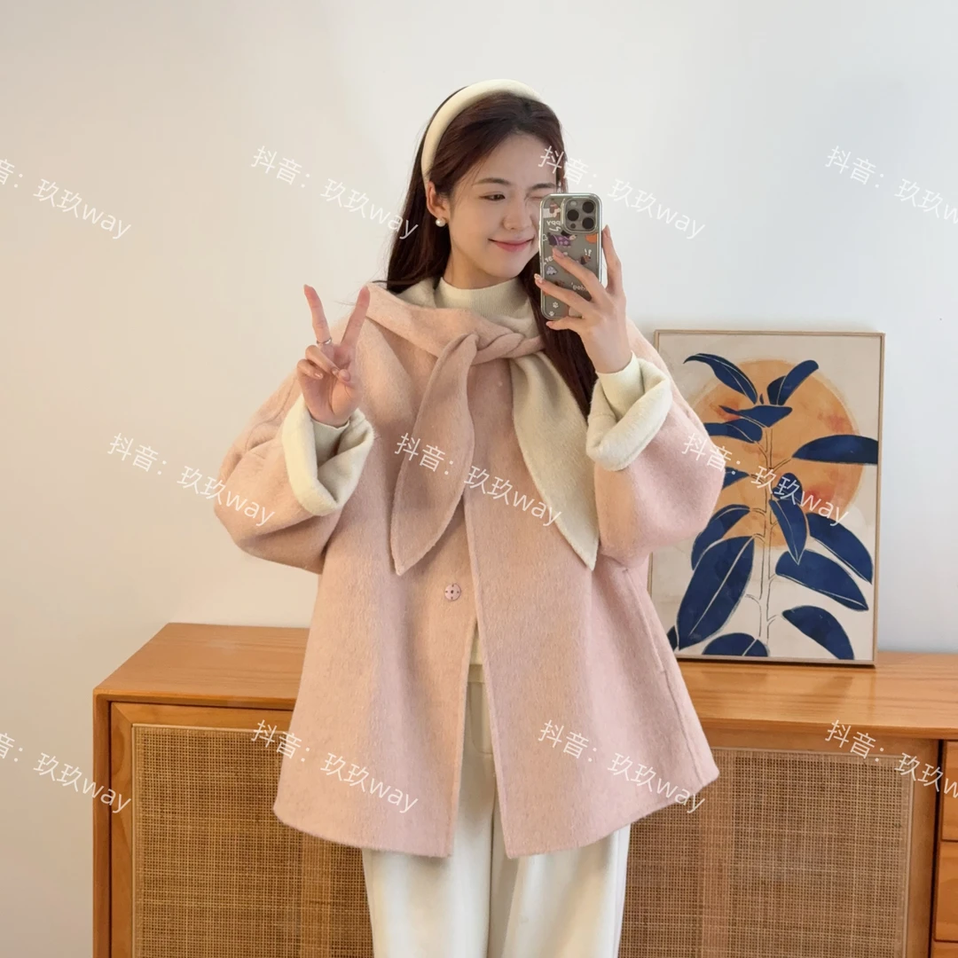 兔耳朵双面呢大衣外套女宽松大码