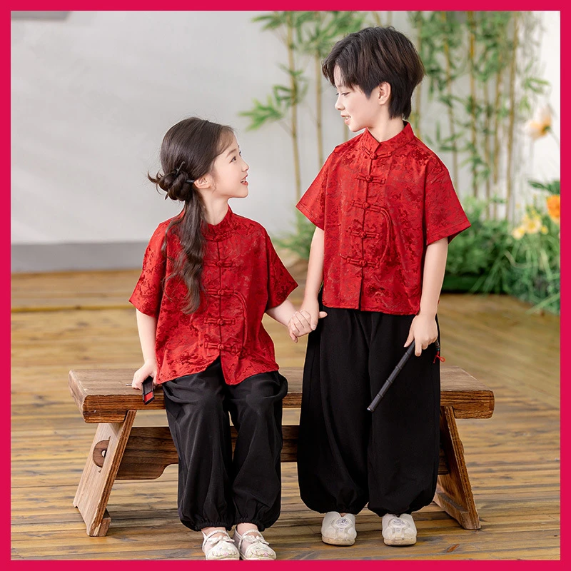 2025新款夏季国风童装男女童红色唐装套装时尚百搭儿童汉服演出服