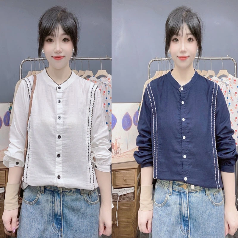 2025秋季新款女装宽松刺绣立领纯棉长袖白衬衫双层纱上衣柔软透气