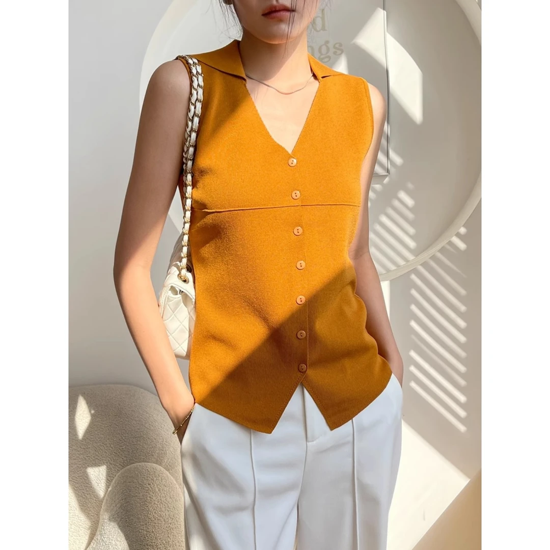 橙色v领针织吊带背心女内搭夏季翻领无袖马甲叠穿上衣高级感外穿