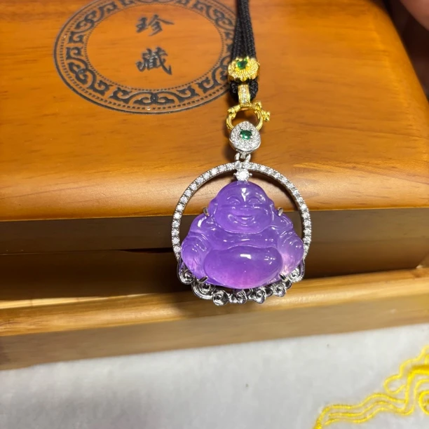 天然缅甸高冰翡翠紫罗兰佛公吊坠