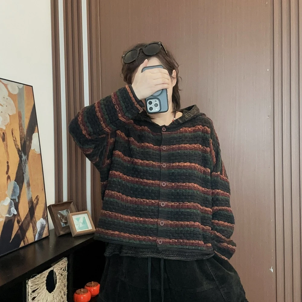 C3409秋冬加厚彩条拼色毛衣女圆领针织开衫（不戴帽）