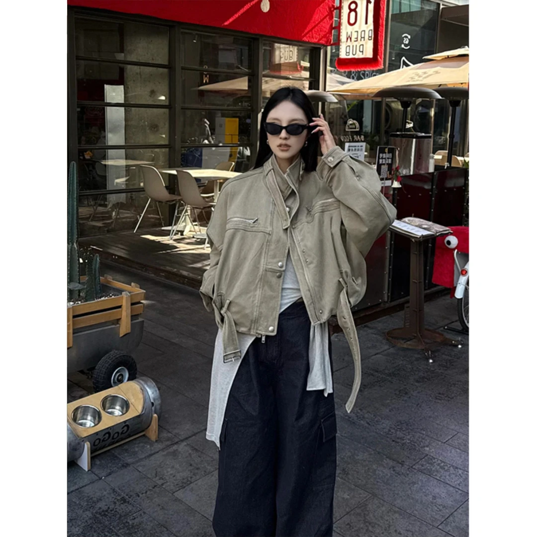 美式特调卡其色工装巴恩风外套女2025早秋立领机车显瘦短夹克上衣