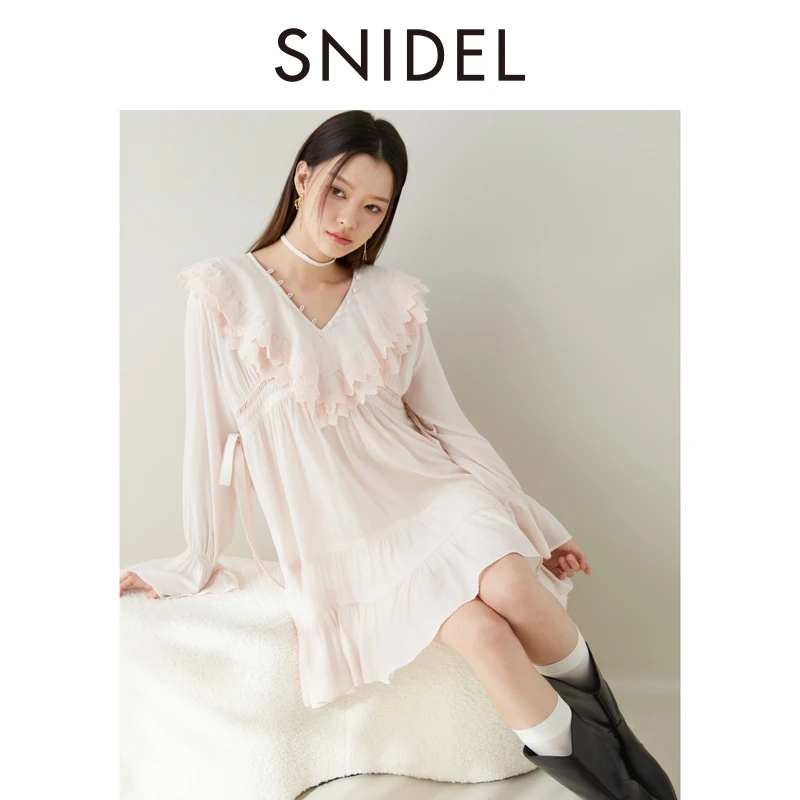 SNIDEL2025春夏新品刺绣花边荷叶领喇叭袖衬衫连衣裙SWFB251065