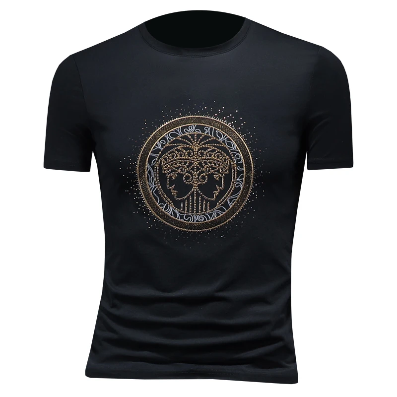 DRNLT恤男修身潮牌夏季丝光棉亮片圆领短袖青年烫钻简约半袖