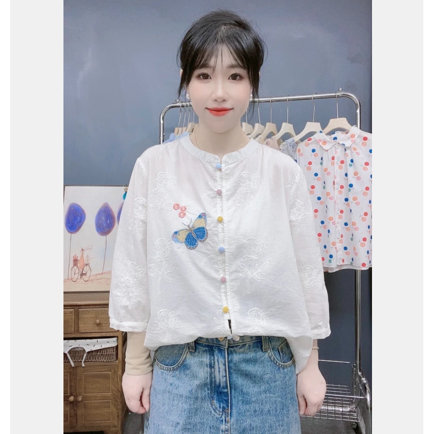 新中式国风 立领重工提花蝴蝶花刺绣宽松百搭七分袖衬衫女