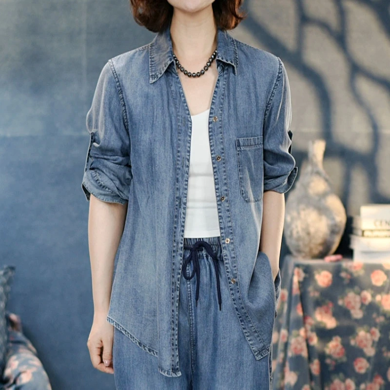 8882夏季新品蓝天丝牛仔衬衫女#2025显瘦休闲时尚水洗透气上衣
