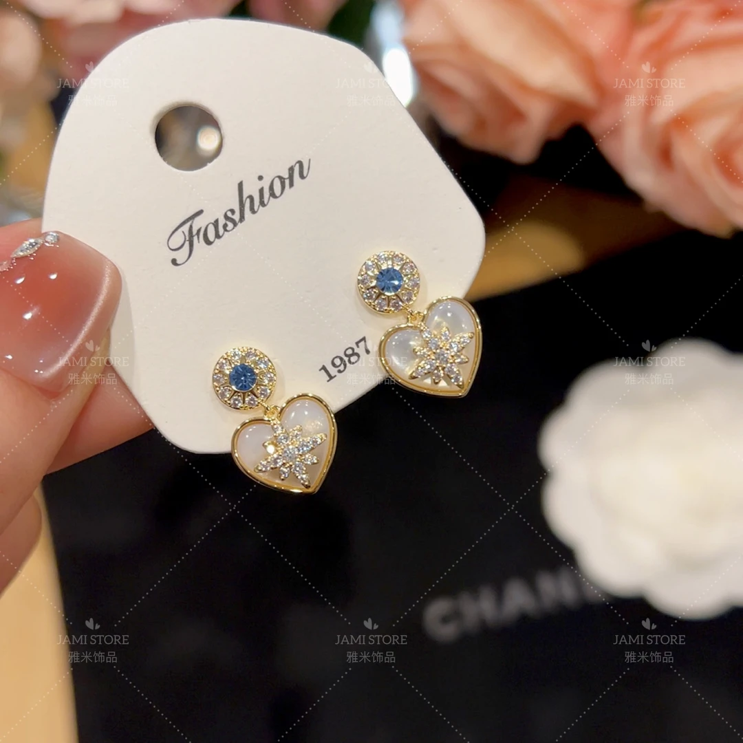 铜合金合成锆石耳饰 【雅米】爱心八芒星吊坠耳环法式复古气质轻奢