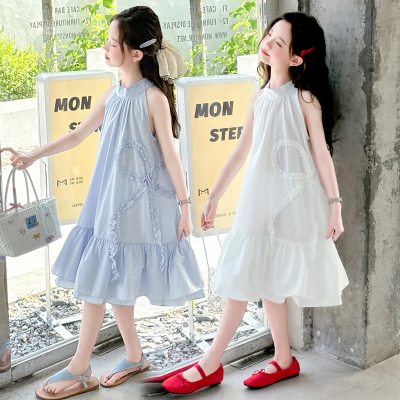 女童挂脖连衣裙夏季2025新款儿童装无袖凉感吊带裙子大童公主白色