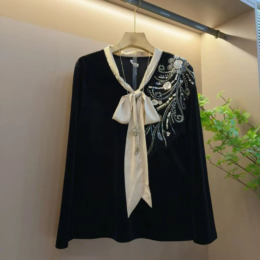 网红休闲秋季百搭气质拼接系绳V领丝绒设计感上衣（长64左右）