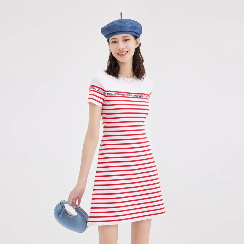 OBEG欧碧倩时尚简约针织裙修身条纹百搭圆领连衣裙10461089