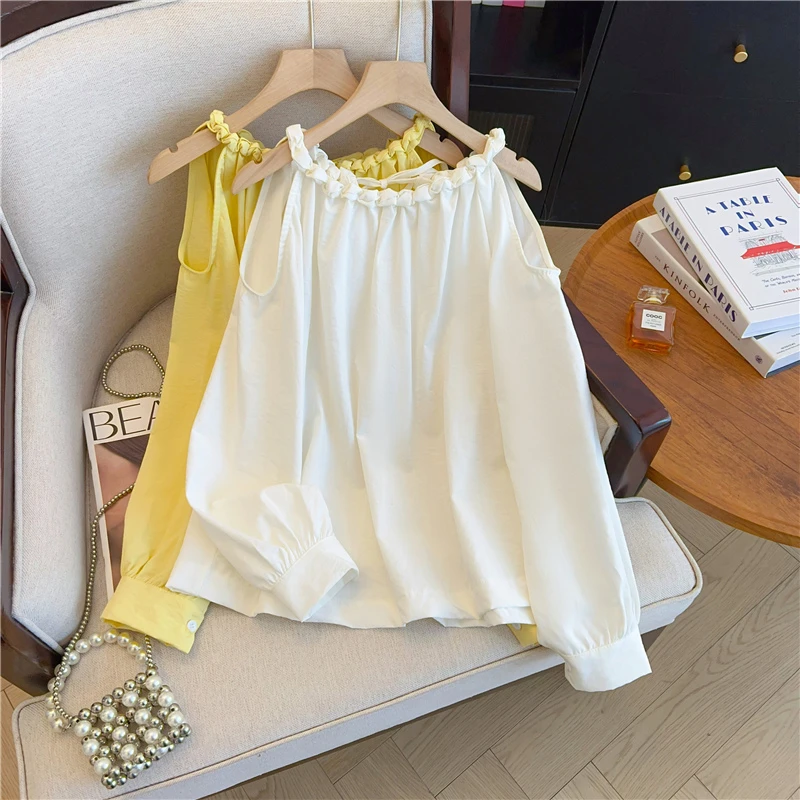 多巴胺黄色挂脖露肩长袖衬衫女春秋季宽松衬衣设计感压褶绝美上衣