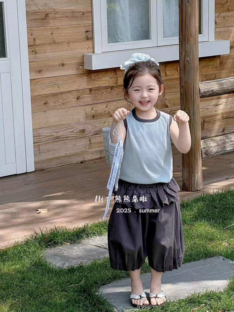 【XTL】2025新夏蓝灰色露背背心蕾丝屁帘七分裤套装99168