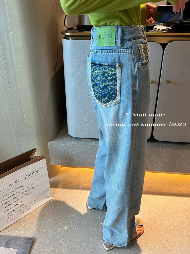 【12月 现货】8893后抽象线条口袋直筒高腰牛仔裤