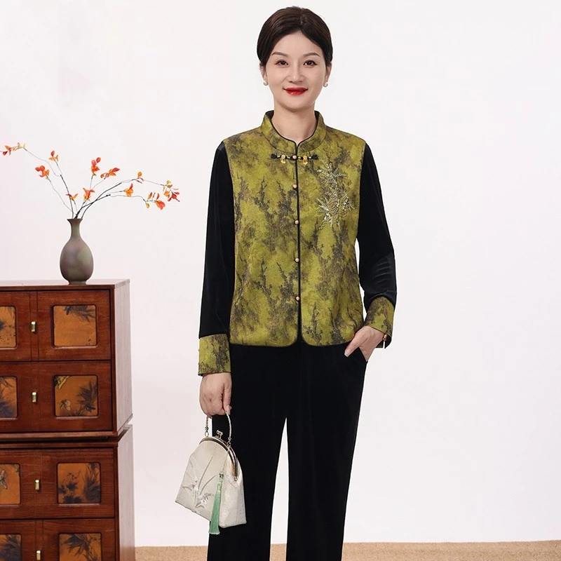 妈妈装秋装国风气质盘扣套装春秋显瘦洋气金丝绒复古三件套