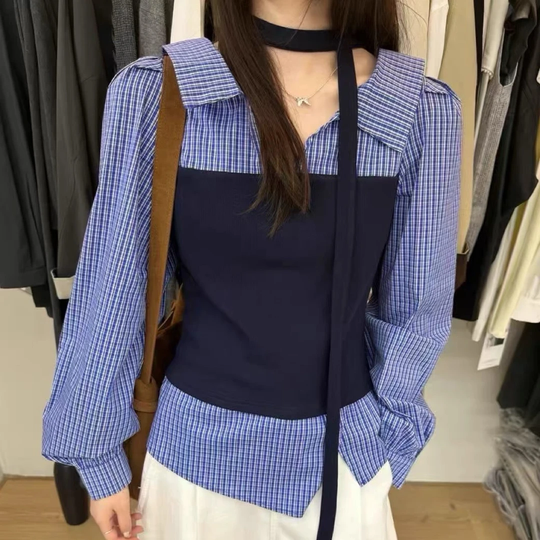 秋季新款韩版设计感拼接系带宽松显瘦百搭长袖衬衫女