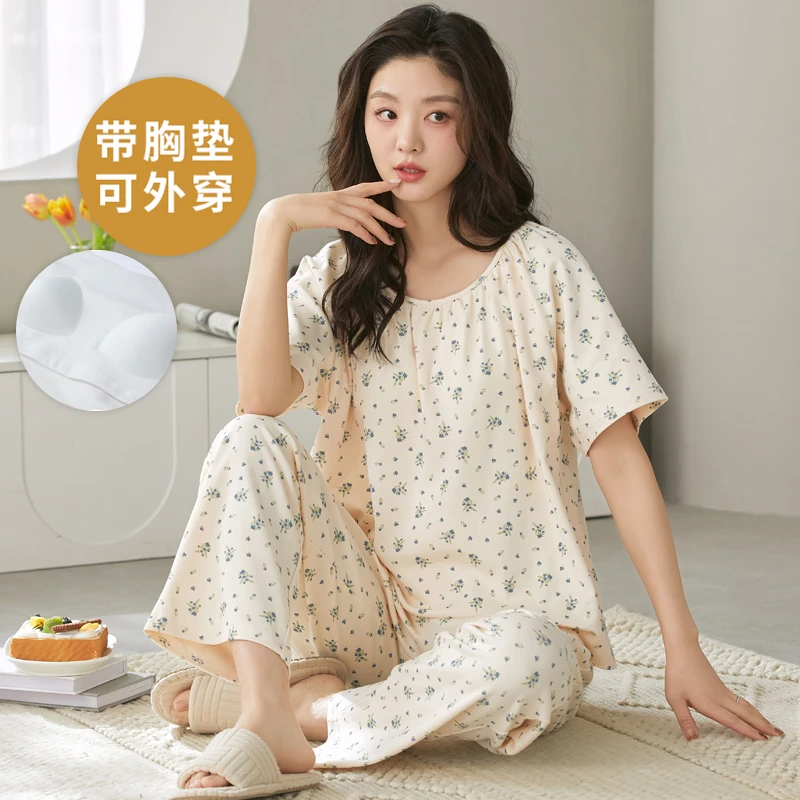 夏季女士自带胸垫一体短袖睡衣套装长裤家居服春秋天大码夏天卡通