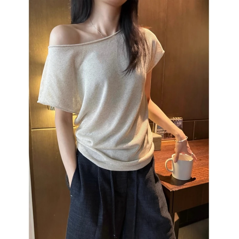 纯欲风斜肩短袖针织t恤女2025新款薄款高级感夏日绝美巨好看上衣