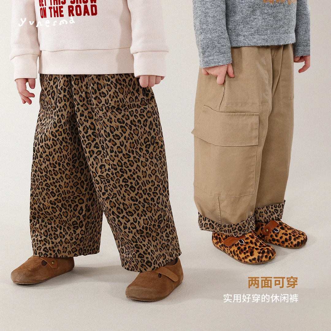 允儿妈女童秋冬日系小众双面穿豹纹休闲裤宝宝时尚裤子儿童裤子潮