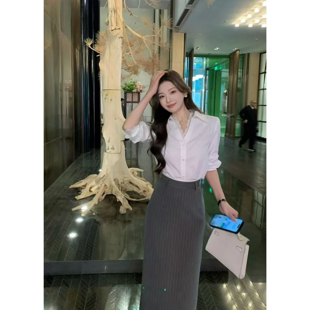 SZA【春日白珠】春季新款蕾丝拼接长袖衬衫高腰半身裙套装A-1584