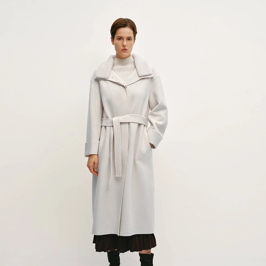 OVV秋冬新款女装毛领设计随附腰带羊毛双面呢大衣GWDAJ44128A