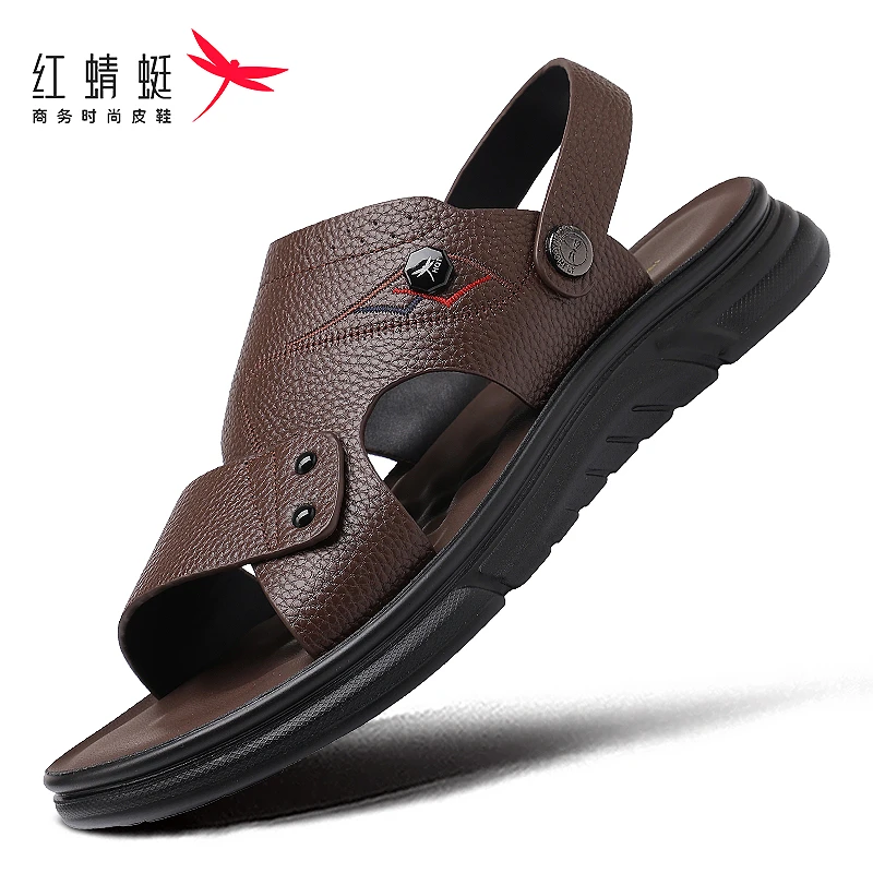 红蜻蜓牛皮凉鞋男士夏季外穿真皮防臭透气防滑户外休闲沙滩鞋断码