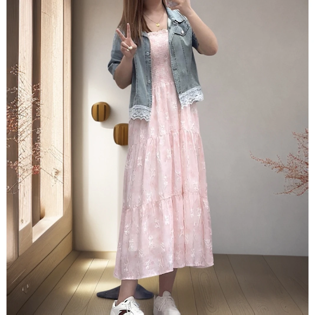 妮妮家5035夏季新款薄牛仔短袖外套吊带连衣裙两件套