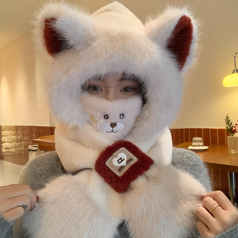 冬天帽子围巾一体女冬季加厚保暖护耳帽防寒显脸小防风可爱狐狸帽
