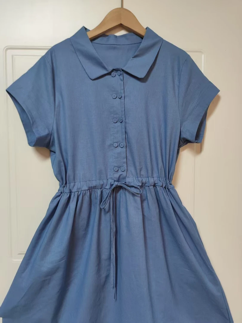 【棉麻】夏季新款休闲时尚洋气法式收腰中长款纯色女装连衣裙708-1