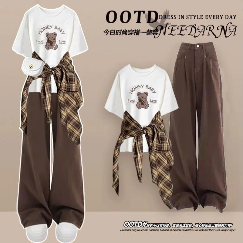 夏季穿搭一整套女韩版宽松格子长袖衬衫带T恤+高腰牛仔裤三件套潮