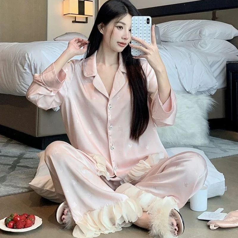2025新款冰丝睡衣女士长袖高级感法式印花冰雪丝花边家居服两件套