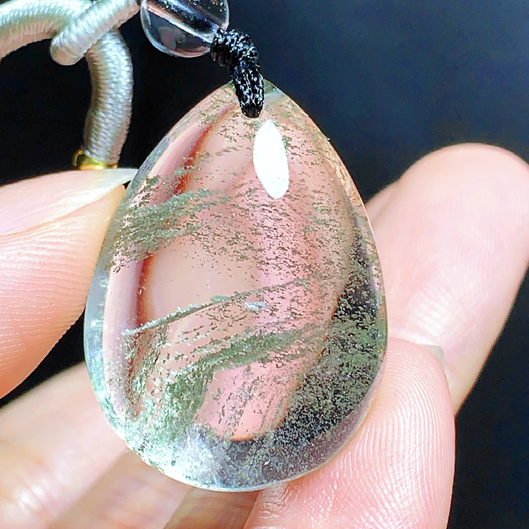 东海水晶天然千层绿幽灵水晶吊坠毛衣链水滴项坠男女款聚宝盆