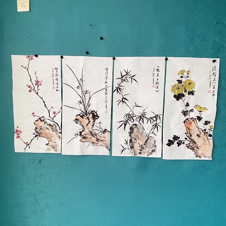 国画四尺四开手绘四条屏