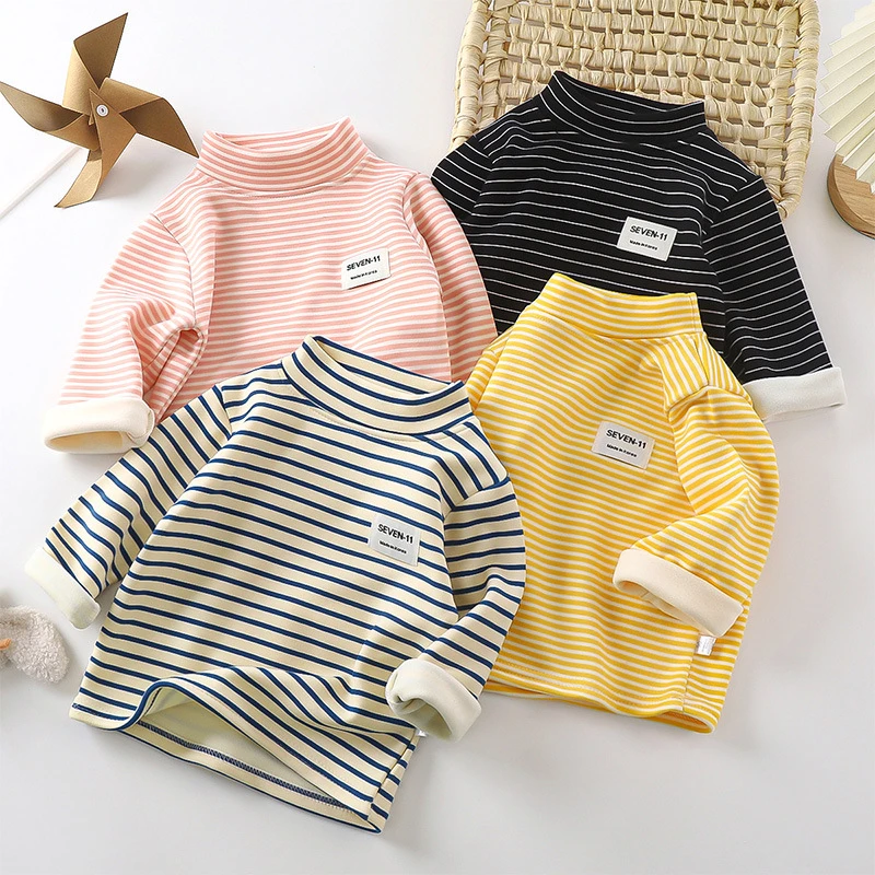 秋季冬季新款儿童保暖上衣男宝女宝内搭条纹上衣加绒加厚韩版童装