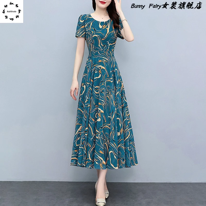 雪纺连衣裙子女士夏季2025年新款妈妈碎花遮肉短袖气质显瘦中长裙