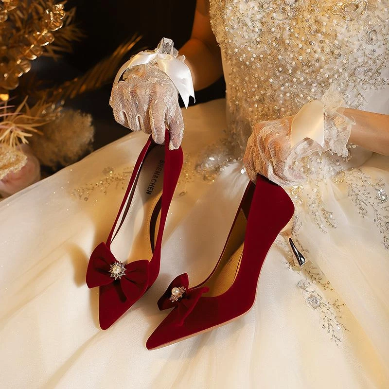 婚鞋女款高跟鞋细跟结婚鞋女新款春秋季婚纱新娘高跟40-43码加肥