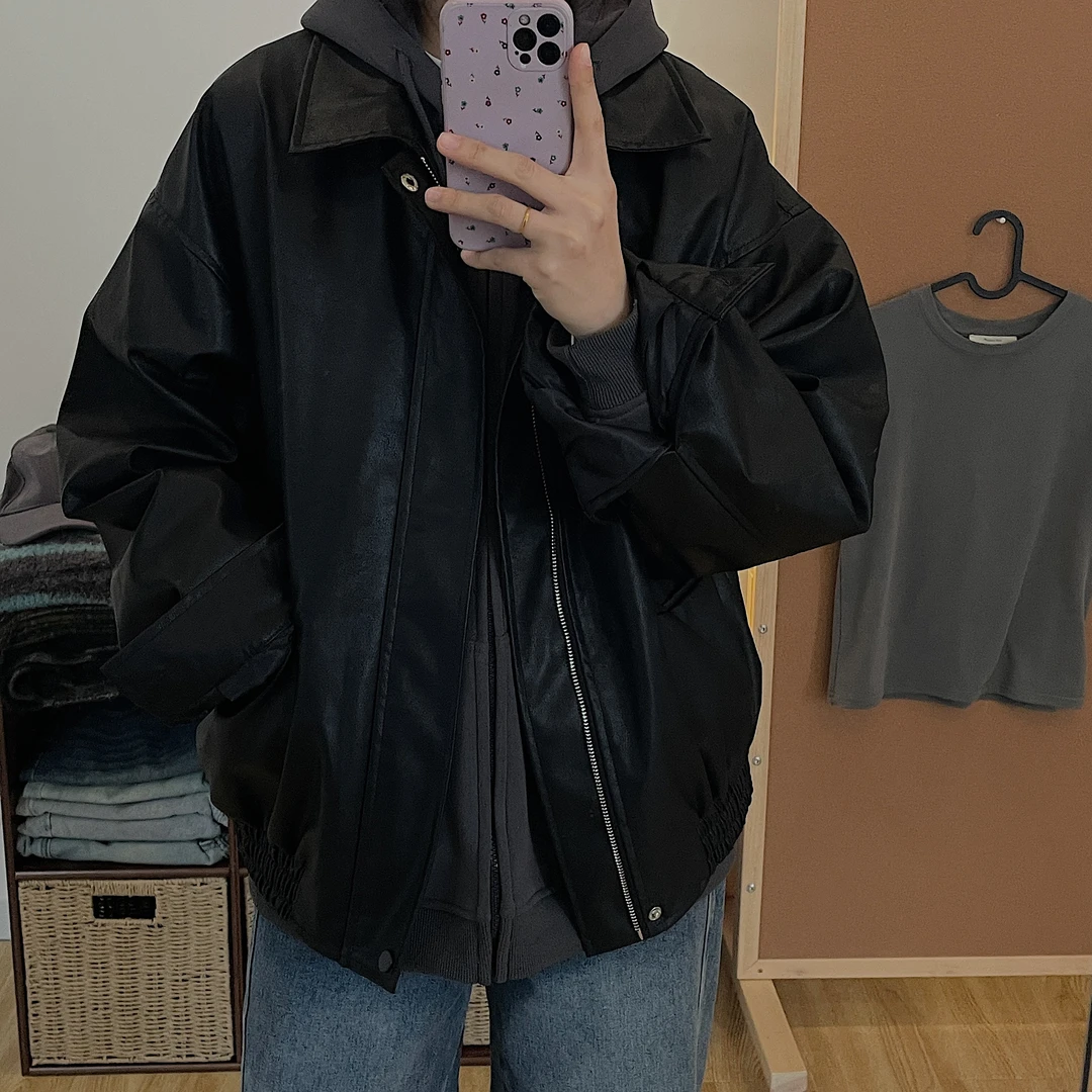 美芽 3月6日日10:30am直播上新 【暗夜边际】黑色宽松翻领皮衣外套