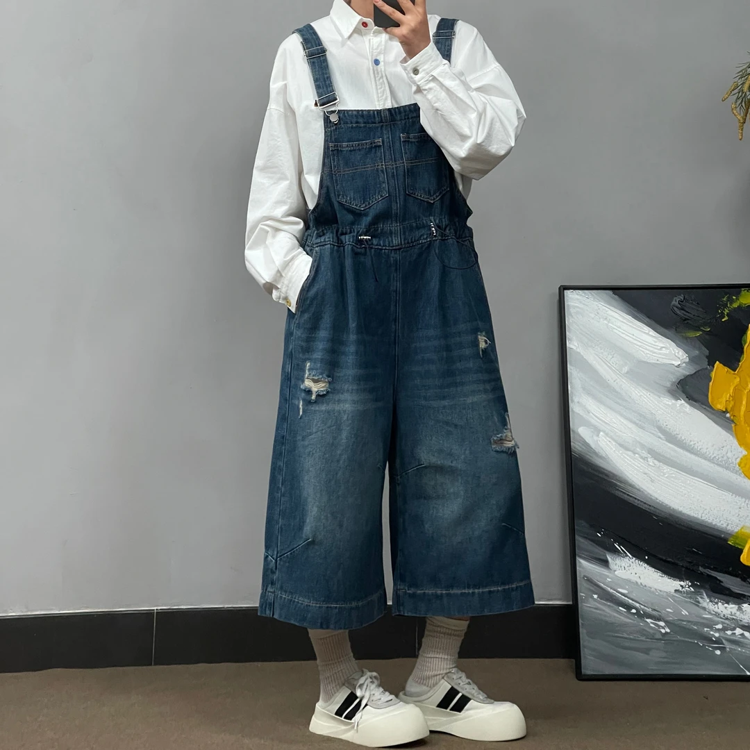 5588春季显瘦背带牛仔裤休闲复古减龄宽松韩版高街设计感时尚牛仔