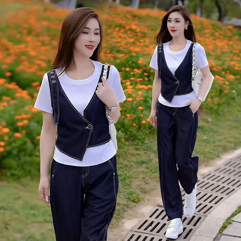 高级感休闲拼接短袖运动套装女2025年夏季新款韩版时髦显瘦两件套