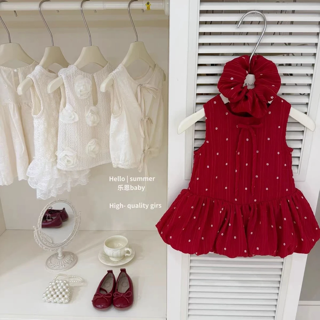 【送同款发圈】韩版女童夏季新款复古红色碎花背心裙绝美花苞公主裙