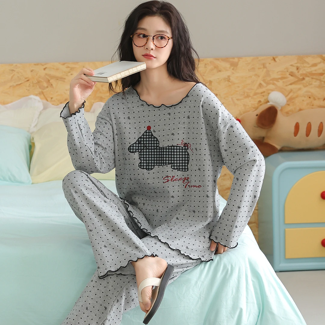 卡之恋睡衣女春秋季新款长袖纯棉灰色波点家居服