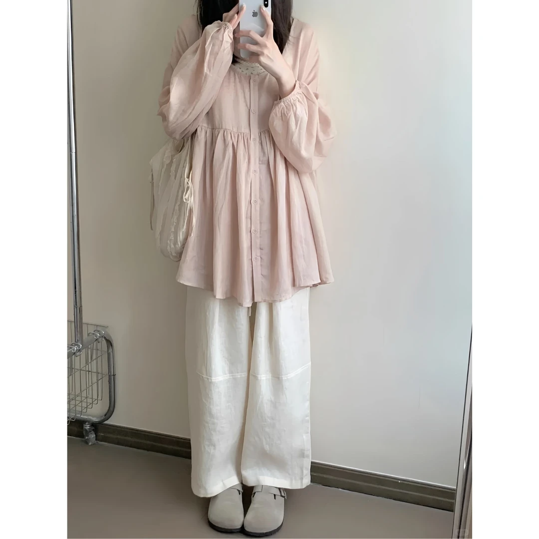 简约时尚衬衣女2025夏日系复古微透感宽松娃娃衫小个子上衣裙子女