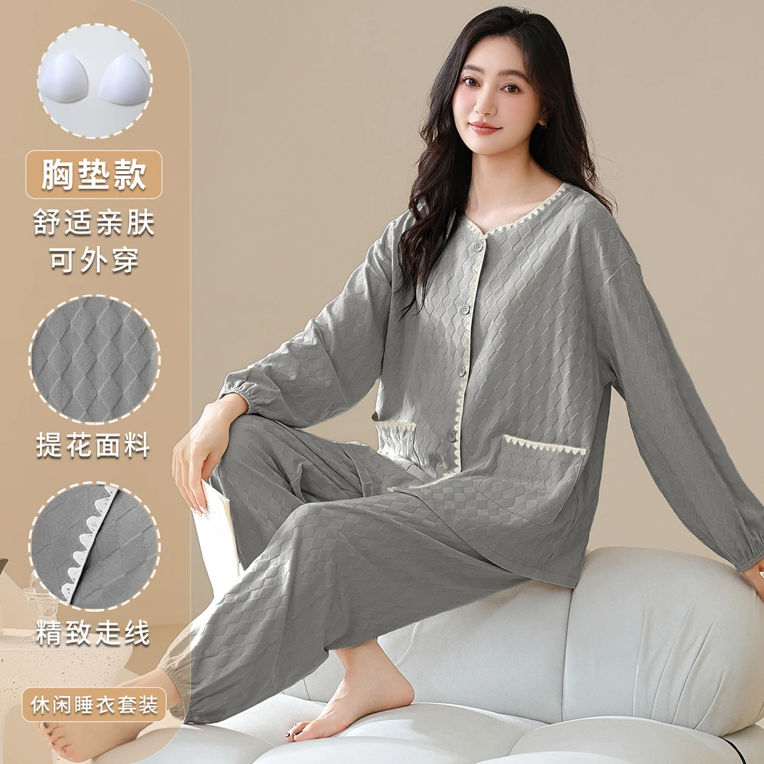 韩系ins2025年秋冬季圆领长袖刺绣包边简约透气可外穿睡衣家居服