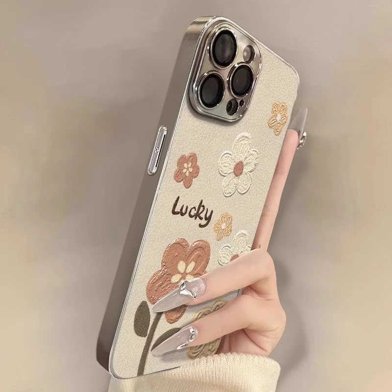 【进口小羊皮】适用苹果16promax手机壳油画小花彩绘iphone17pro女