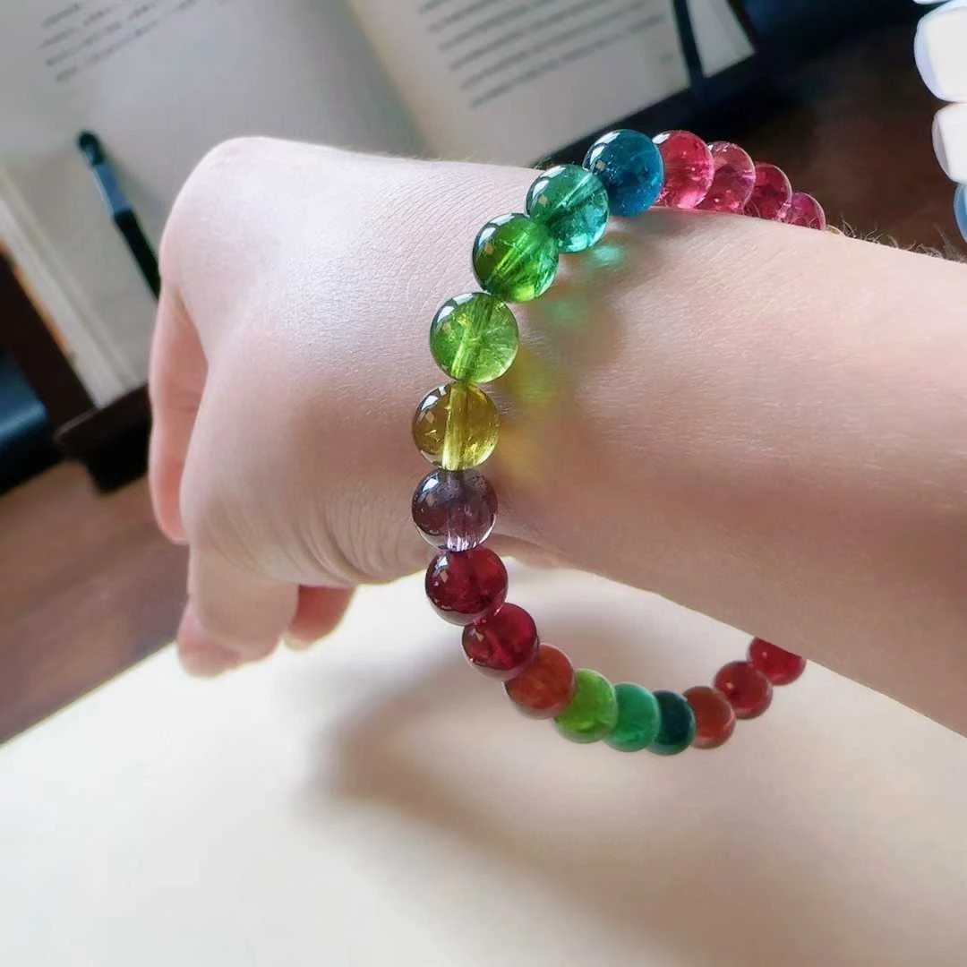 天然真品彩虹碧玺手串单圈7.2mm15.3g正品荧光碧玺手链女招财旺夫