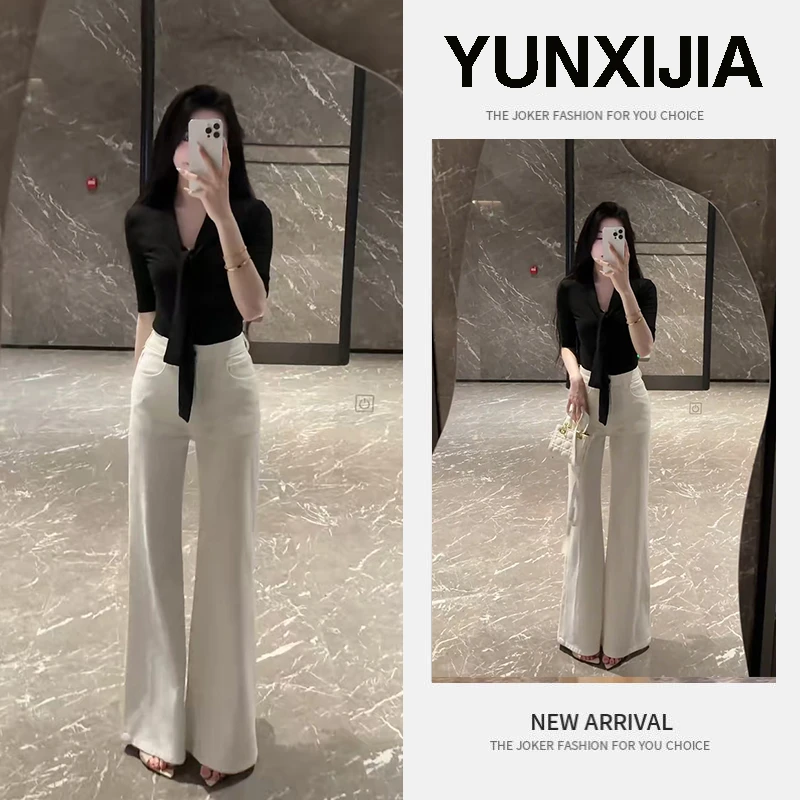 2025年夏季时尚穿搭薄款V领水短袖衬衫百搭高腰长裤两件套