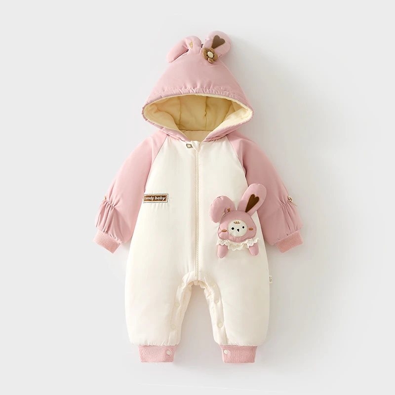 婴儿夹棉外出服带帽子宝宝连帽240g加棉连体衣儿童冬季加厚爬服