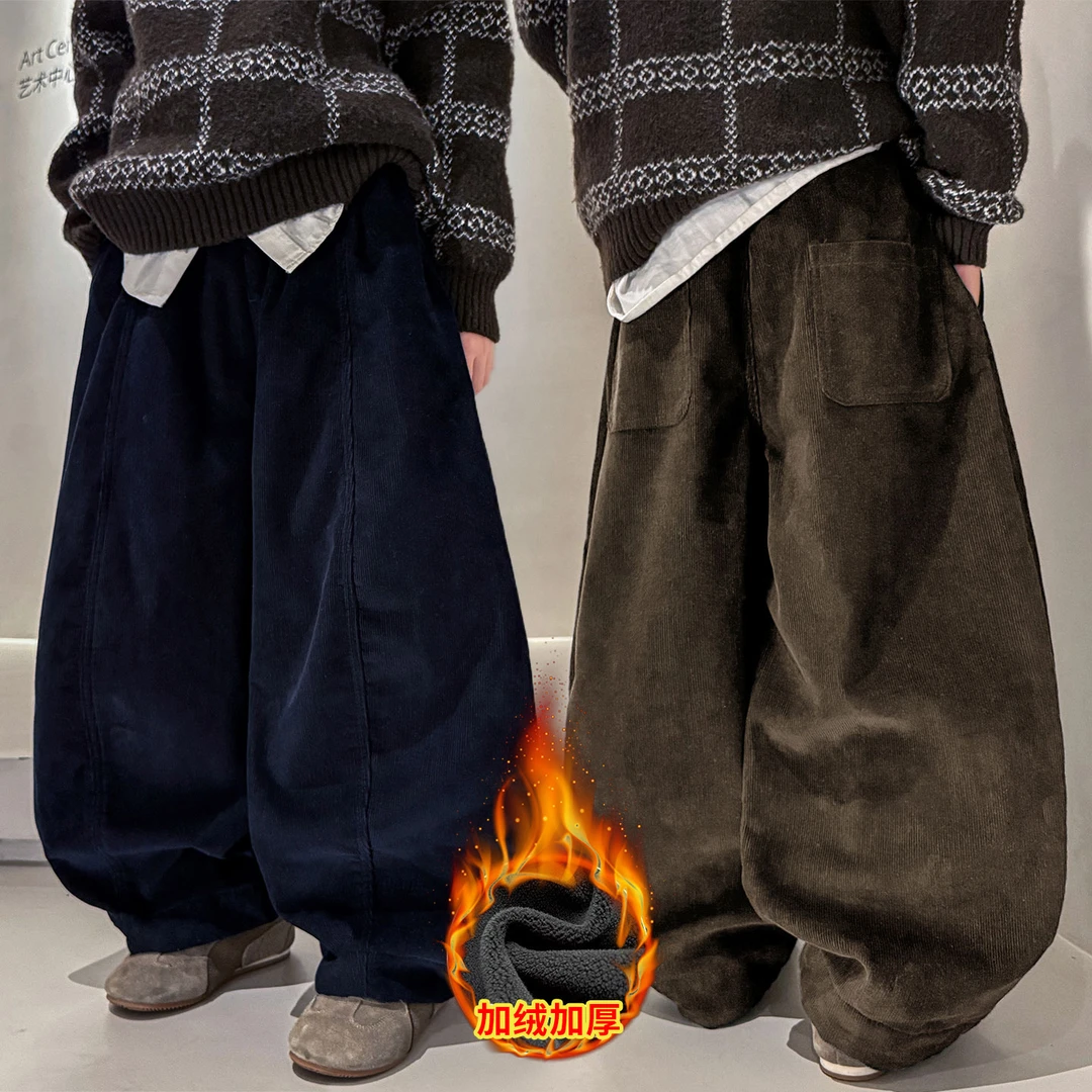 男童灯芯绒裤子冬季2025新款儿童加绒加厚男孩痞帅风弯刀裤
