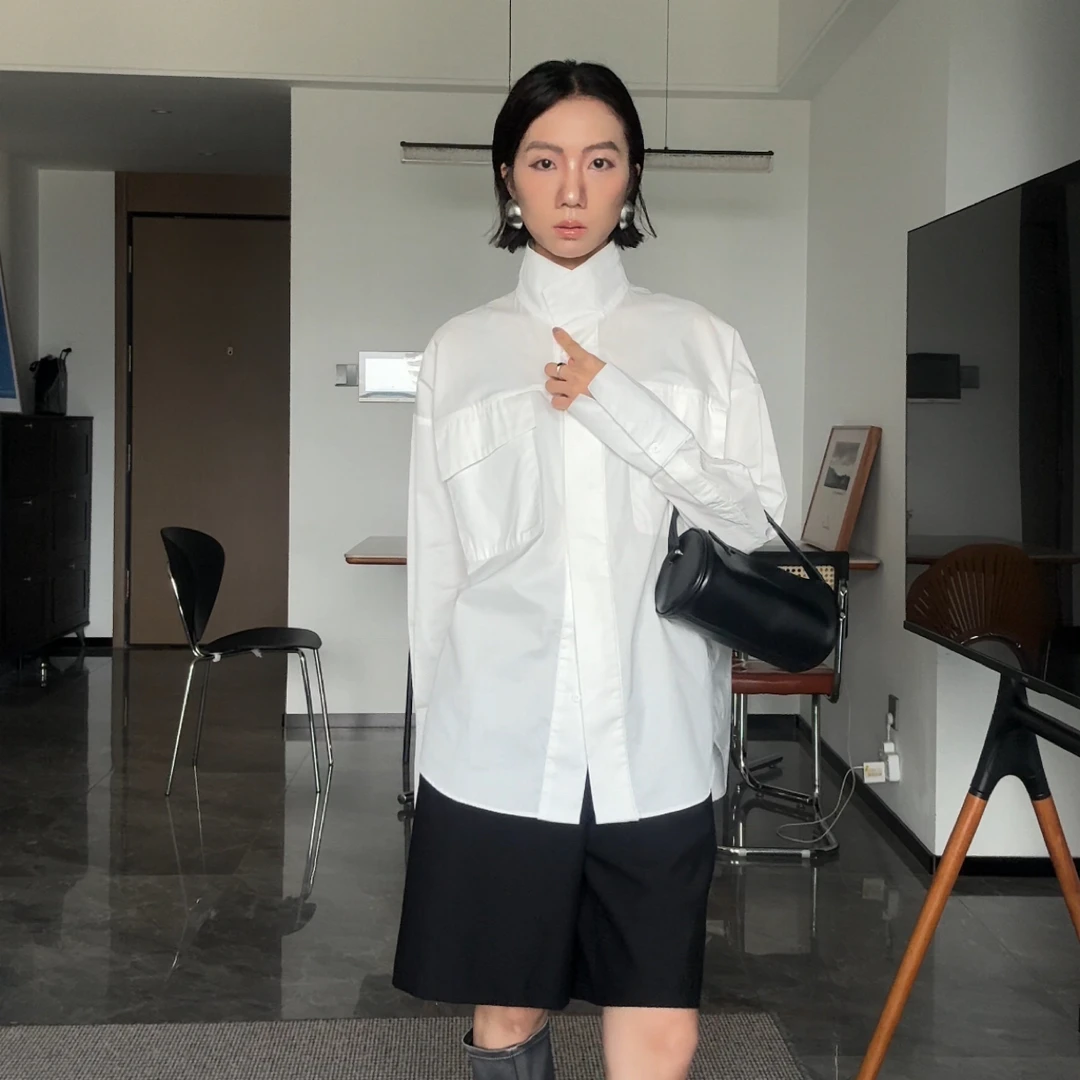 【睿智高干】立领设计感小众衬衫女春秋宽松休闲通勤百搭长袖衬衣