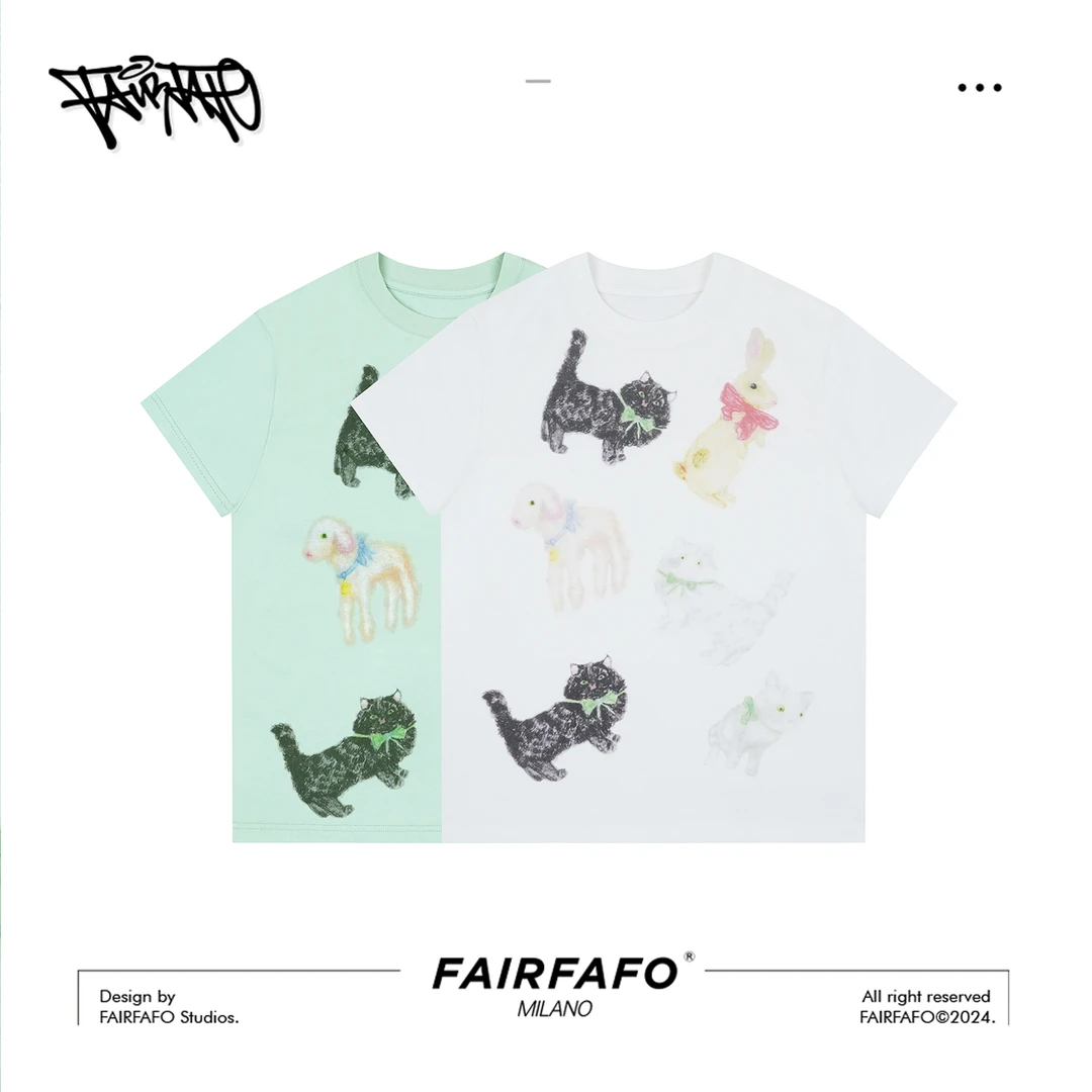 FAIRFAFO林肉肉【卡通手绘】百搭半袖潮流个性印花短袖 XG24DX446